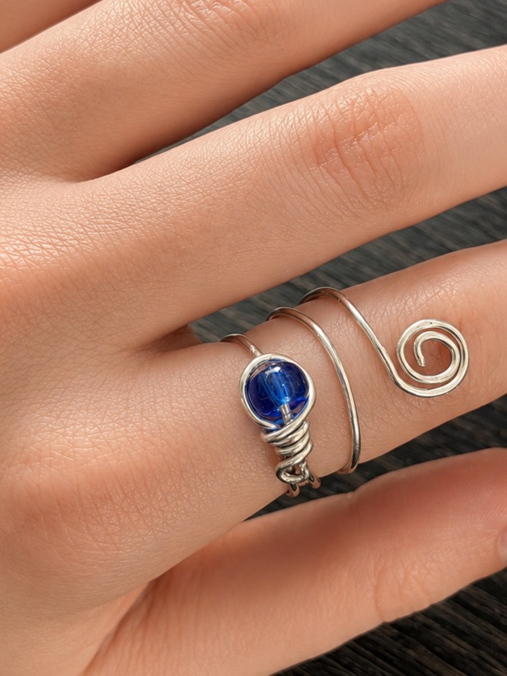 Blue Glass Bead Silver Wire Wrap Ring